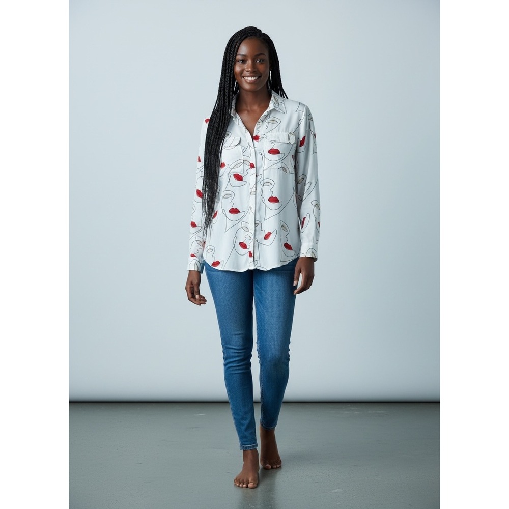 Milk & Honey Avant-Garde Statement Blouse Button Down Red Lips Line Art Medium